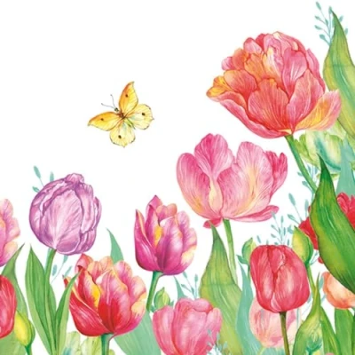 Image of Maki 3 Ply Flowery Tissue Paper Napkins Serviettes for Decoupage Lunch 33cm x 1/4 Folded (Pack of 20) (Watercolour Tulips with Yellow Butterfly)