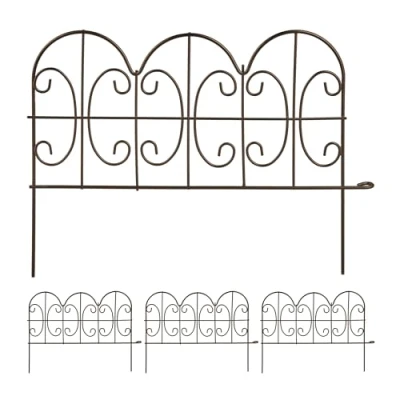 Image of Relaxdays Metal Garden Fence, Set of 4 Elements with Decorations, HxW: 28 x 38.5 cm, Flower Bed Edge to Plug in, Bronze, Steel, 1.5 cm