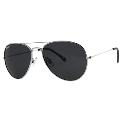 Image of Zippo Eyewear Flash Pilot Sunglasses Polarized UV400 Protection Logo Adult Unisex Made in USA Silver Frame, Black Lenses &amp; Temple