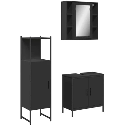 Image of vidaXL 3 Piece Bathroom Cabinet Set Black Engineered Wood