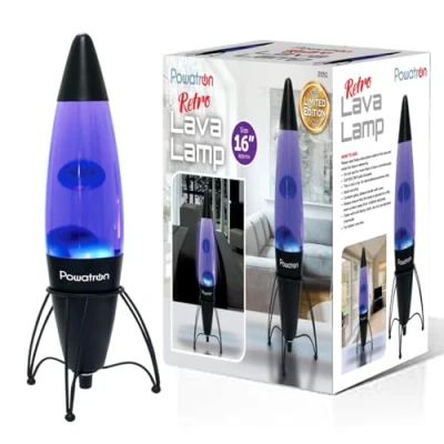 Image of Powatron 16 Inch Retro Rocket Magma Lamp Relaxing Mood Lifting Nostalgic Soothing Motion Glass Light Includes Bulb UK Adapter Indoor Use Blue Wax