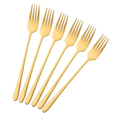 Image of BISDARUN Stainless Steel Dinner Forks Pack of 6 Golden Table Long Handle 21.3 cm(8.4 inches) Korean set for Steak Meat