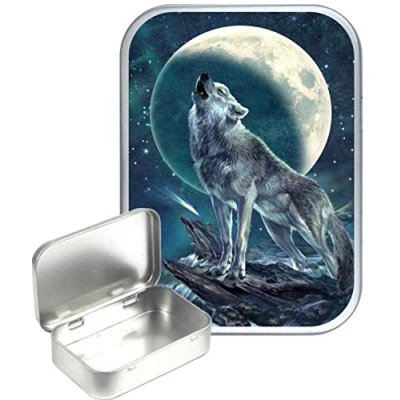 Image of TEEZ Wolf Night 30ml Small Silver Hinged Tin, Pill Tin,Gift Box,1oz Tobacco Tin