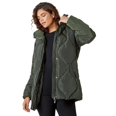 Image of Roman Quilted Faux Fur Hooded Coat for Women UK Ladies Autumn Everyday Winter Holiday Long Sleeve Soft Side Pocket Comfy Trim Detail Desk to Dinner Jackets Dark Green Size 10