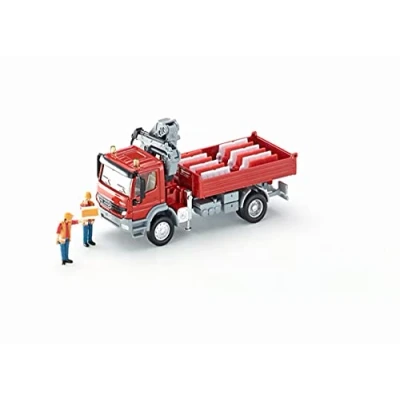 Image of siku 3534, Lorry with Loading Area and Crane, 1:50, Metal/Plastic, Red, Incl. 2 toy figures 12 traffic barriers