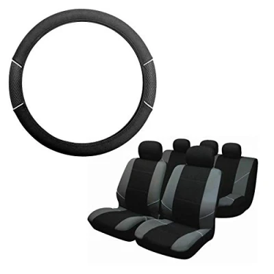 Image of UKB4C Grey &amp; Black Steering Wheel Seat Cover set for Vauxhall Corsa Hatchback