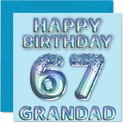 Image of 67th Birthday Card for Grandad Blue Glitter Party Balloons Happy Cards 67 Year Old from Grandson Granddaughter, 145mm x Bday Greeting Gift