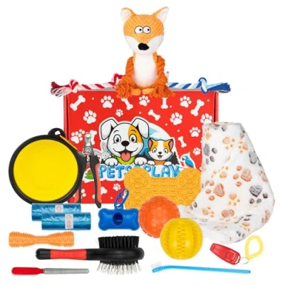 Image of Pets &amp; Play Puppy Essentials Dog Accessories Set For Owners of Puppies and Dogs Starter Kit From 8 Weeks Bundle: Essential Toys, Grooming Travel Pack 17 Item Multipack UK