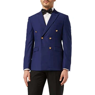 Image of Xposed Mens Classic Fitted Double Breasted Navy Blue Blazer Gold Buttons Vintage Jacket