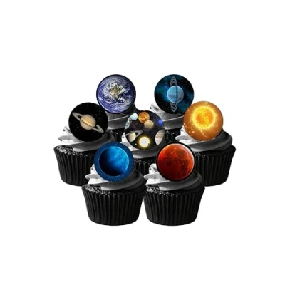 Image of 24 Precut Planets Outer Space Themed Edible Wafer Paper Cake Toppers Decorations