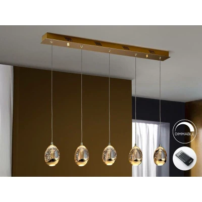 Image of Roc Integrated LED 5 Light Dimmable Crystal Drop Bar Ceiling Pendant with Remote Control Gold