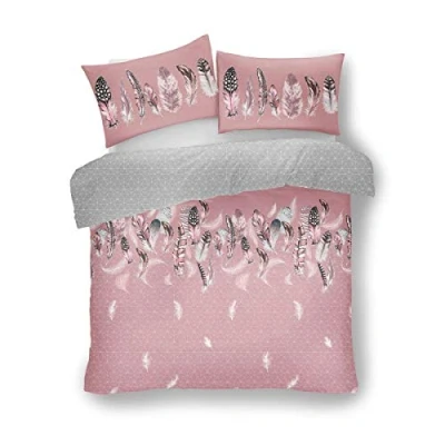 Image of FAIRWAYUK Pink Duvet Cover, Feathers Bedding Set, Double Size Reversible Quilt with 2x Pillow Case, Poly Cotton, Easy Care