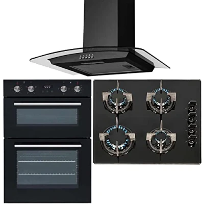 Image of SIA 60cm Double Built In Electric Fan Oven, 4 burner Gas Hob &amp; Curved Glass Hood