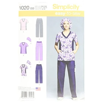 Image of Simplicity Sewing Pattern 1020: Misses&#039; and Plus Scrub Pants Tops, Size (20W 22W 24W 26W 28W), Paper, White, BB 28W)