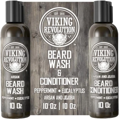 Image of Viking Revolution Beard Shampoo And Conditioner Natural Wash &amp; With Argan Jojoba Oils Softens Strengthens Gifts For Men Peppermint Eucalyptus 2 x 300 ml