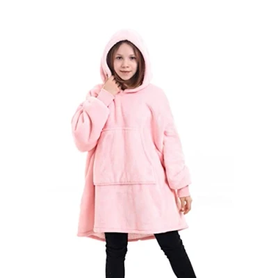 Image of 1ABOVE 75cm Oversized Sherpa Hoodie Ultra Soft Hooded Super Warm Comfortable Sweatshirt Fleece Cosy Comfy for Children Blanket with Sleeves and Pocket (LIGHT PINK)