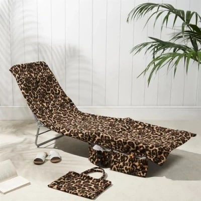 Image of Brentfords Beach Towel in a Bag, Soft Quick Dry Absorbent Lightweight Easy Storage with Pockets For Travel Poolside or Days, 75 x 215cm Natural Leopard Print