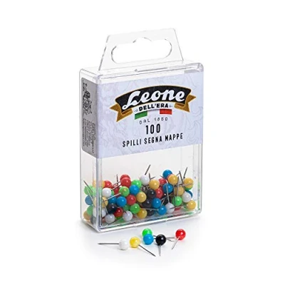 Image of 100 nickel plated map marker pins with coloured plastic head (0.60 x 17.2) hanging box &quot;Leonecolor&quot; Lion of The Age Made in Italy