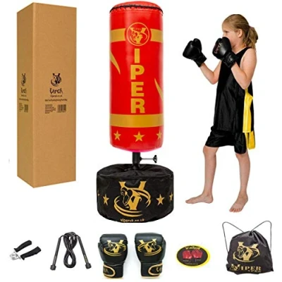 Image of Kids Junior Boxing Free Standing Punch Bag Set Punching Children Matching Viper Gloves Skipping Rope Full Red