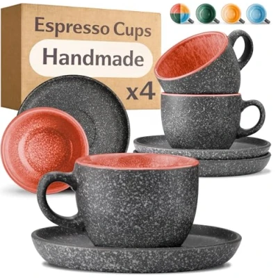 Image of Cosumy Espresso Cups and Saucers Set of 4 90ml Ceramic Demitasse Coffee Mugs 𝗘𝘅𝘁𝗿𝗮 𝗧𝗵𝗶𝗰𝗸 Stoneware with Handmade Reactive Glaze Keeps Warm Longer