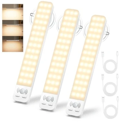 Image of Ylatoial 3000K Cabinet Lights, 2000mAh Battery 42LEDs USB Rechargeable 10% 100% Dimmable Wireless Closet Light Magnetic Motion Sensor Under Counter Lights for Kitchen Bedside Toilet 3 Pack