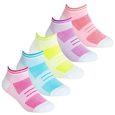 Image of Metzuyan 5 Pairs Girls Kids Cotton Rich Trainer Liner Ankle Socks Vibrant Everyday Size 4 5.5