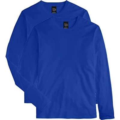 Image of Hanes Men&#039;s Long Sleeve Nano Cotton Premium T Shirt (Pack of 2), Deep Royal, Medium