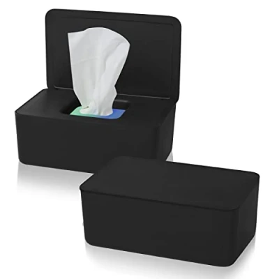 Image of 2 Pcs Wet Wipes Dispenser Box, Storage Box with Lid Tissue Holder Rectangular, Baby Nappy Case for Toilet, Bathroom Black