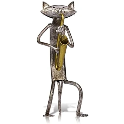 Image of Metal Sculpture Cat Statue Thanksgiving/Christmas Decoration Crafts Home (Saxophone)