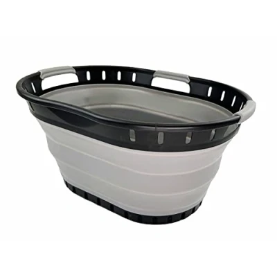 Image of SAMMART 25L Collapsible Plastic Laundry Basket Foldable Pop Up Storage Container/Organizer Portable Washing Tub Space Saving Hamper/Basket (Black/Alloy Grey)