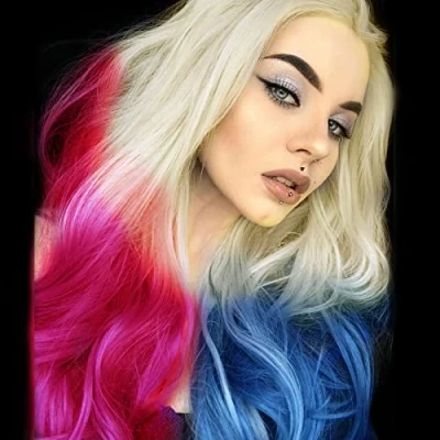 Image of Long Pink Blue Wigs for Women Curly Wavy Blonde Ombre Lace Front Wig Soft Realistic Natural Hairline Half Colorful Glueless Synthetic Heat Resistant Fiber Hair Cosplay Party 22 Inches