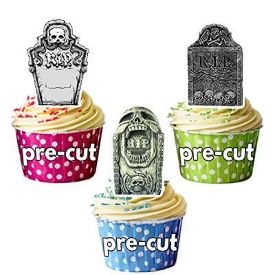 Image of AK Giftshop PRE CUT Halloween Tombstone, Gravestone Edible Cupcake Toppers/Cake Decorations (Pack of 12)