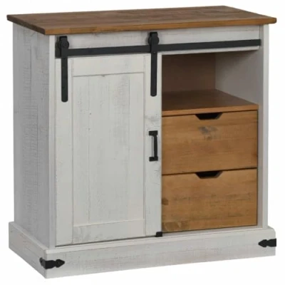 Image of vidaXL Sideboard HALDEN 80x40x80 cm White Pine Wood Cabinet with Sliding Door &amp; Drawers for Living Room, Bedroom, Hallway Storage