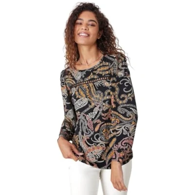 Image of Roman Originals Paisley Lace Trim Top for Women UK Ladies Everyday Holiday Autumn Winter Pull On Round Neck Long Sleeves Comfy Soft Vacation Work Black Size 10