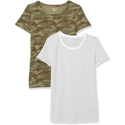 Image of Amazon Essentials Women&#039;s Classic Fit Short Sleeve Crewneck T Shirt, Pack of 2, Olive Camo/White Stripes, XL