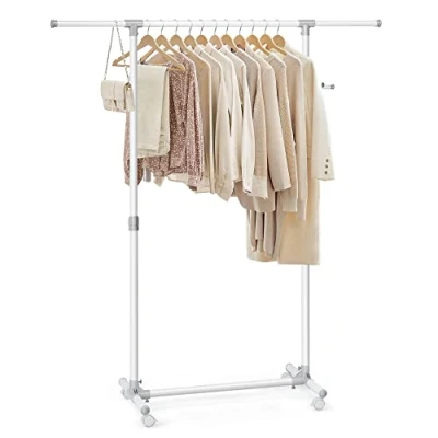 Image of SONGMICS Castors, Garment Rack, Adjustable Height Between 97 165 cm, Clothes Rail with Extendable Bar, Side Hooks for Accessories and Bags, White LLR001W01, Alloy Steel, （87 150） x 44 x（97 165） cm