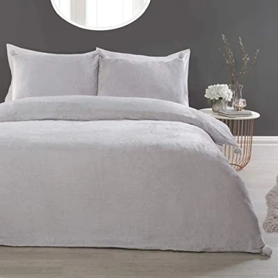 Image of Sleepdown Pom Silver Fleece Warm Cosy Super Soft Easy Care Plain Flannel Duvet Cover Quilt Bedding Set with Pillowcases Double (200cm x 200cm)