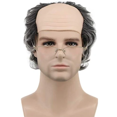 Image of Karlery Short Curly Fits Old Man Bald Cap Gray Mad Scientist Halloween Cosplay Wig Anime Costume Party