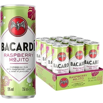 Image of BACARDÍ Raspberry Mojito, 5% ABV, 12 x 25cl / 250ml, Ready To Drink Pre Mixed Cocktail Can, Made with Carta Blanca Rum and Lime, Mint