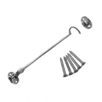 Image of Chrome Cabin Hook &amp; Eye Silent 8 Inch Catch Door Latch Holder with Screws for Shed Gate Garden Patio Doors in Various Finishes Pack of 1.