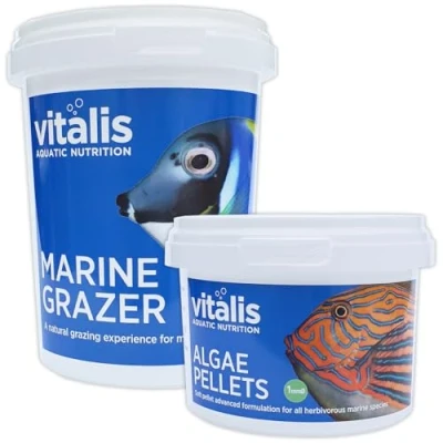 Image of Vitalis Algae Pellets XS 140g &amp; Marine Grazer Mini 240g for Grazers Herbivore Fish Food Aquarium Tank