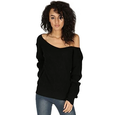 Image of Oops Outlet Womens Oversized Jumper V Neck Off The Shoulder Top Chunky Knitted Bardot S/M (UK 8/10) Black