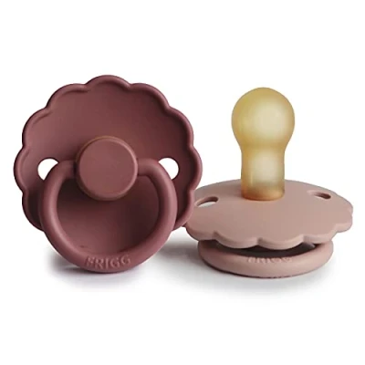 Image of FRIGG Daisy Latex Pacifier Pack of 2 Natural Rubber Soother Dummy BPA Free Made in Denmark Symmetrical Cherry Shaped Nipple (Blush/Woodchuck, Size 1 (0 6 Months))