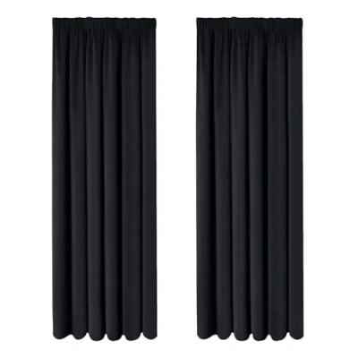 Image of Oxford Homeware Blackout Curtains Bedroom Pencil Pleat Readymade Living Room Black Curtain 66x90 Inch Tape Top Window Thermal Insulated Kitchen 2 Panels with Tiebacks