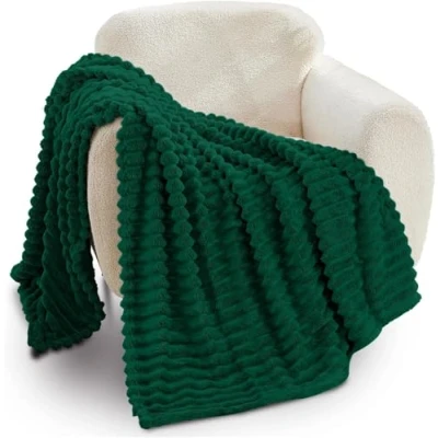 Image of GC GAVNO CAVAILIA Ribbed Blanket Throw Fluffy Fleece Throws For Sofas, Bed, Settee, Couch Comfortable Extra Large Blankets &amp; King Size 200x240 Cm Dark Green