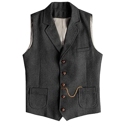 Image of AeoTeokey Men&#039;s Western Herringbone Tweed Suit Vest Wool Slim Fit Waistcoat (Black,4XL)