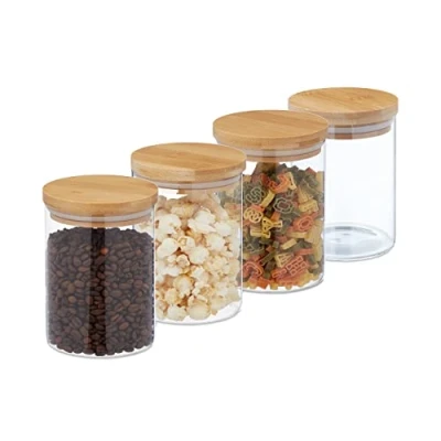 Image of Relaxdays Jars in Set of Four, 750 ml Each, Bamboo Smell Proof Lids, Dry Food Storage, Glass, Transparent/Brown, 4