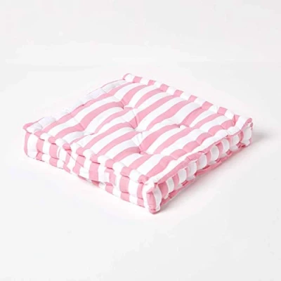 Image of HOMESCAPES Thick Stripe Pink 100% Cotton Large Floor Cushion Soft Baby 50 x 10 cm Square Indoor Garden Dining Chair Booster Seat Pad Cushion.