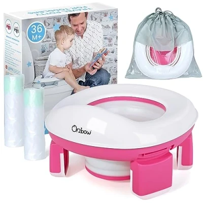 Image of Orzbow Travel Potty for Toddlers,Portable Training Toilet Seat with 4 Legs,Foldable Kids 40pcs Bags,Detachable Carry Baby Splash Guard Toddlers (Pink)