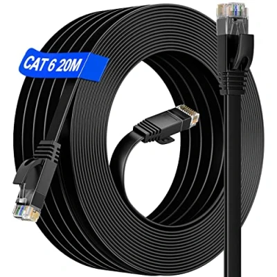 Image of Internet Cable 20m Long CAT 6 Ethernet High Speed 1000Mbps Gigabit Flat Lan Compatible with Cat.5e Cat.6 for PS5 PC Switch Router Xbox Smart TV Home Office Network Black